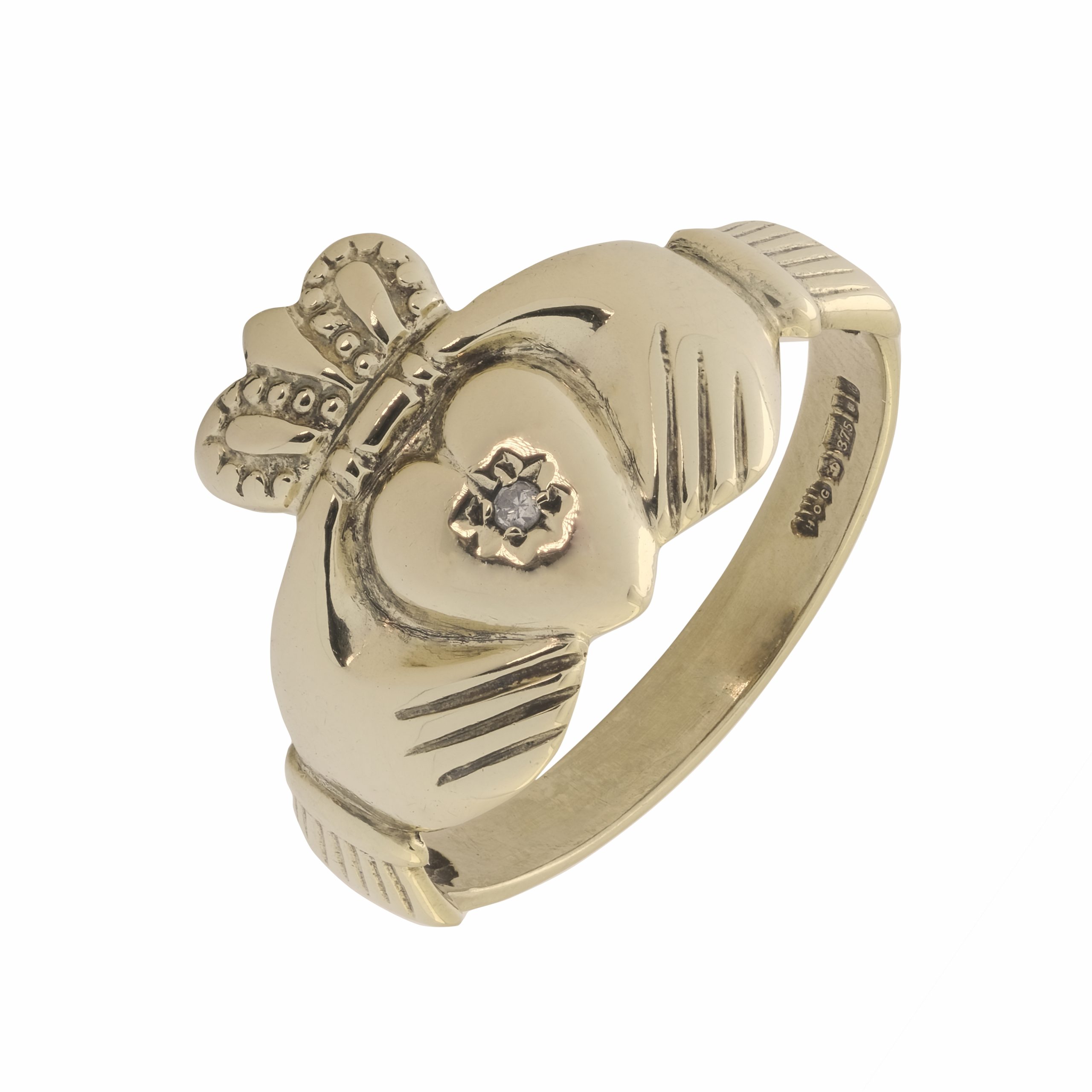 9ct Yellow Gold & Diamond Claddagh Ring - Q