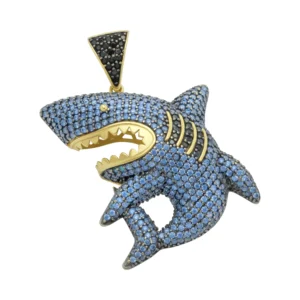 14ct Yellow Gold Blue And Black Gemstone Shark Pendant