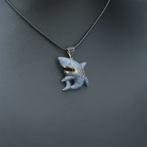 14ct Yellow Gold Blue And Black Gemstone Shark Pendant
