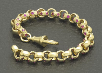 9ct Yellow Gold Pink Gemstone Belcher Bracelet 6″ 6mm - Image 4