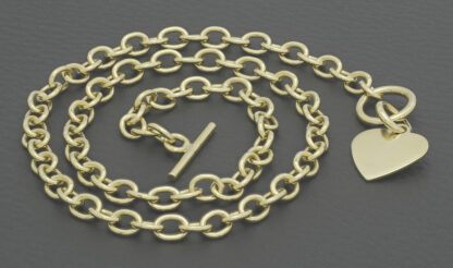 9ct Yellow Gold Belcher Chain With T-Bar & Heart Pendant - Image 2