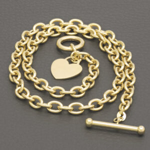 9ct Yellow Gold Belcher Chain With T-Bar &#038; Heart Pendant 17&#8243; 6mm