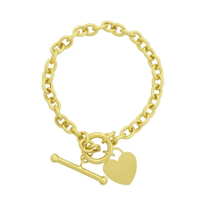 9ct Yellow Gold Belcher Bracelet With T-Bar & Heart Pendant 7.5" 6mm