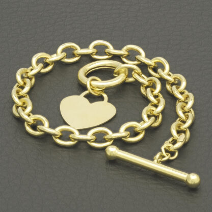 9ct Yellow Gold Belcher Bracelet With T-Bar & Heart Pendant 7.5" 6mm - Image 2