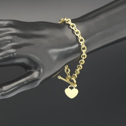 9ct Yellow Gold Belcher Bracelet With T-Bar & Heart Pendant 7.5" 6mm - Image 4