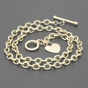 9ct Yellow Gold Belcher Chain With T-Bar &#038; Heart Pendant 18&#8243; 6mm