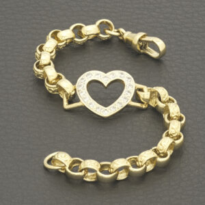 9ct Yellow Gold Patterned Belcher Bracelet &#038; Gemstone Heart 6.5&#8243; 6.5mm