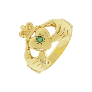 9ct Yellow Gold Green Gemstone Claddagh Ring