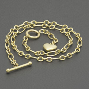 9ct Yellow Gold Fancy Link Chain With T-Bar & Heart Pendant 20″ 5mm