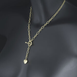 9ct Yellow Gold Fancy Link Chain With T-Bar & Heart Pendant 20″ 5mm