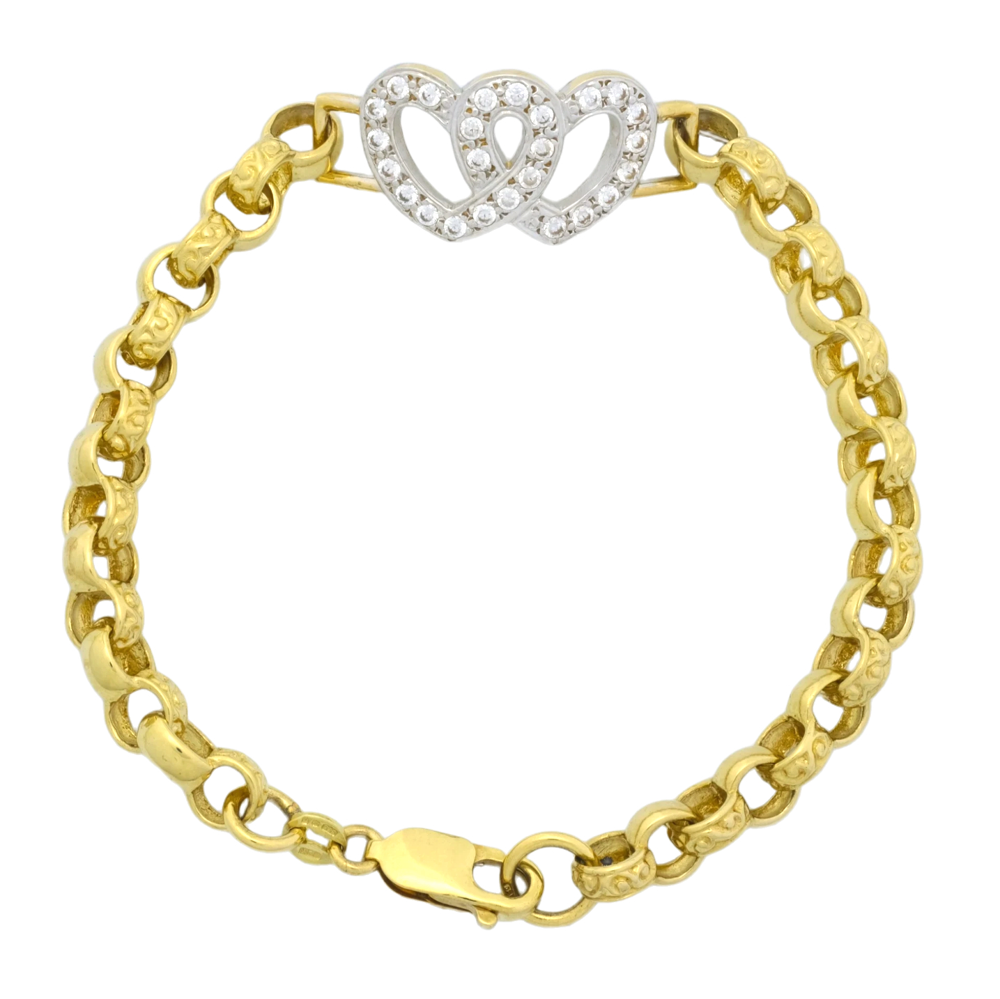 9ct Yellow Gold Gemstone Heart Belcher Bracelet 7.5" 6.5mm