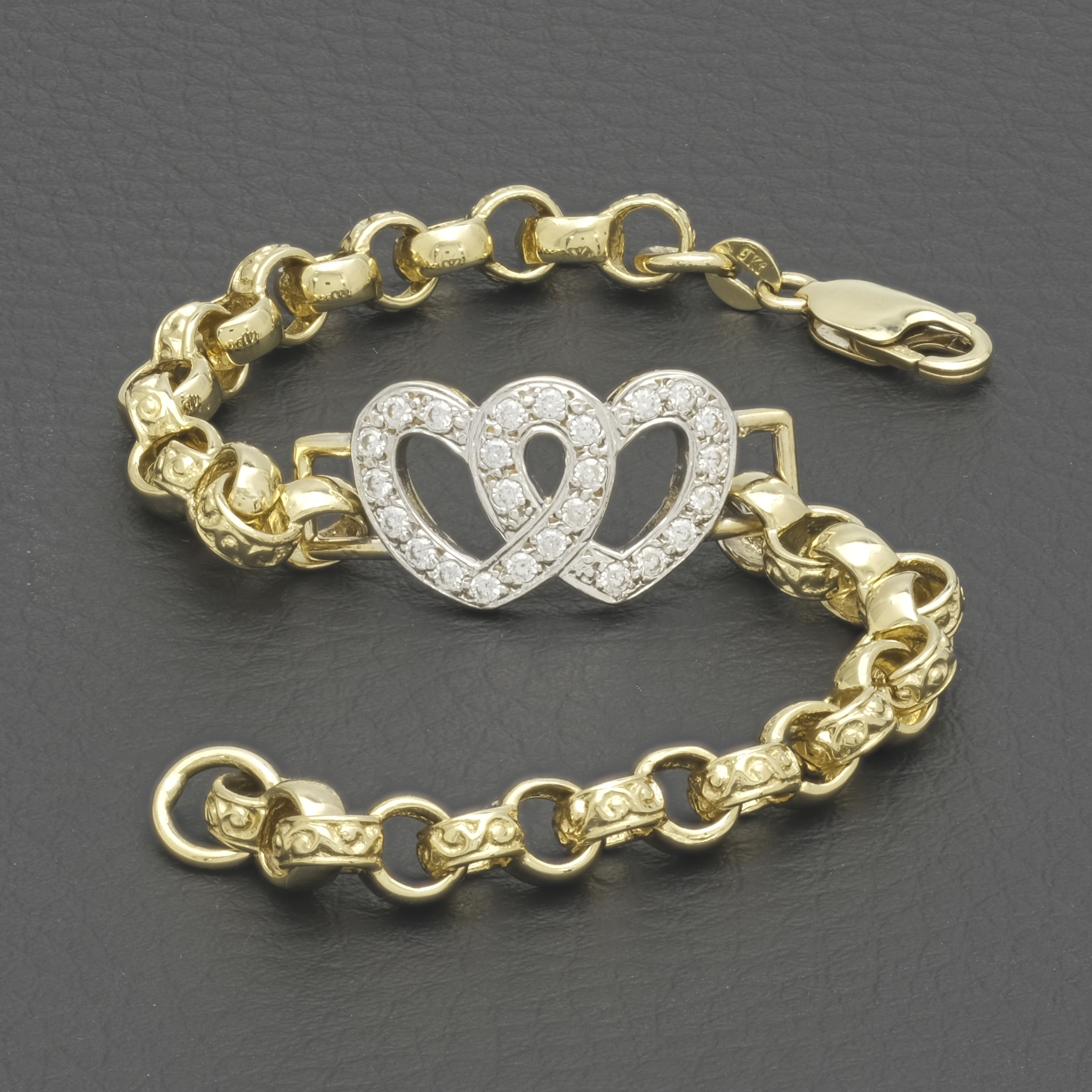 9ct Yellow Gold Gemstone Heart Belcher Bracelet 7.5" 6.5mm - Image 2