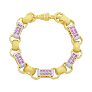 9ct Yellow Gold Pink Gemstone Gypsy Link Bracelet 9″ 14mm