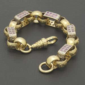 9ct Yellow Gold Pink Gemstone Gypsy Link Bracelet 9″ 14mm
