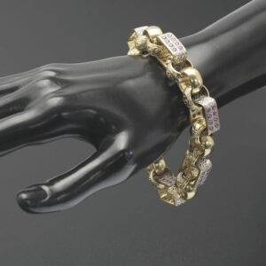 9ct Yellow Gold Pink Gemstone Gypsy Link Bracelet 9″ 14mm