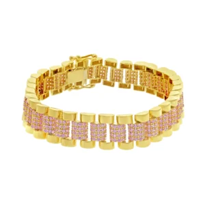 9ct Yellow Gold Pink Gemstone Watch Strap Bracelet 7.5″ 11.5mm