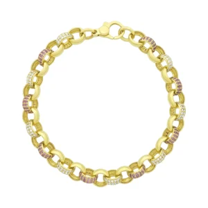 9ct Yellow Gold Pink Gemstone Belcher Bracelet 7.5″ 8mm