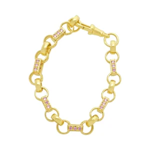 9ct Yellow Gold Pink Gemstone Gypsy Link Bracelet 8″ 9mm