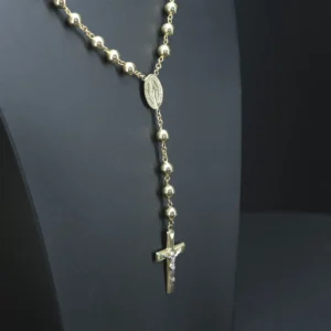 14ct Yellow Gold Rosary Beads Chain & Cross Pendant 27″ 8mm