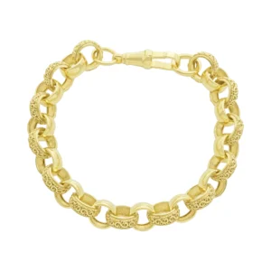 9ct Yellow Gold Patterned Belcher Bracelet 10″ 13mm