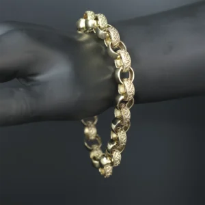 9ct Yellow Gold Patterned Belcher Bracelet 10″ 13mm