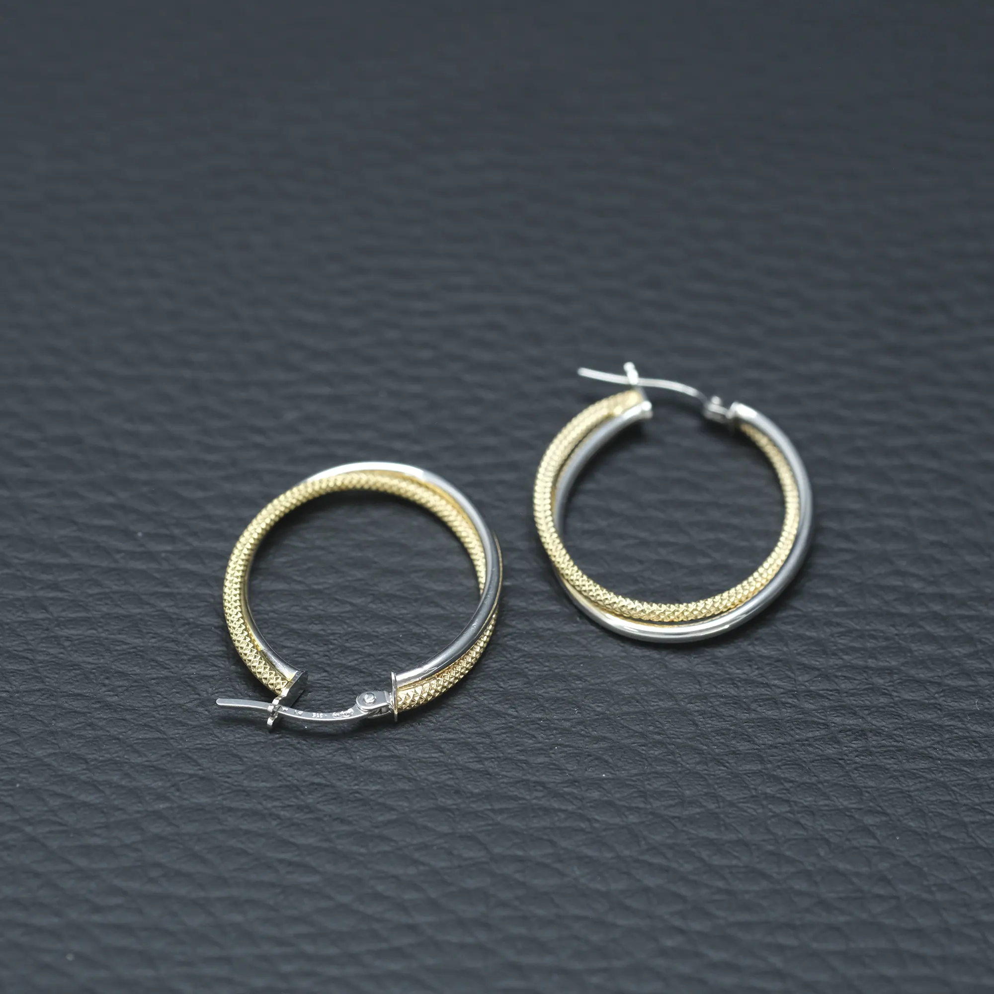 9ct Yellow & White Gold Patterned Hoop Earrings - Image 2