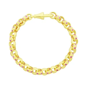 9ct Yellow Gold Children’s Pink Gemstone Belcher Bracelet 6″ 6mm