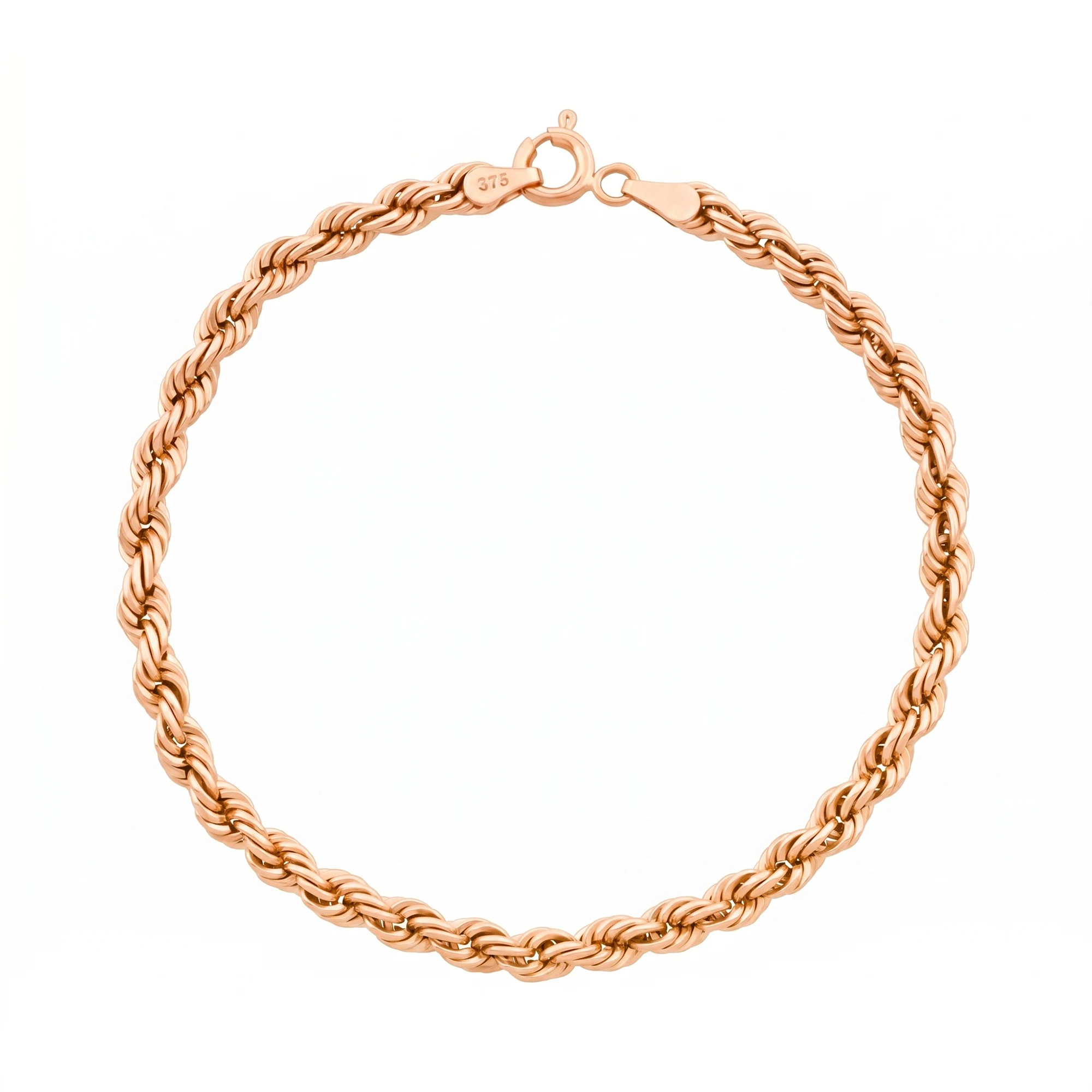 9ct Rose Gold Rope Bracelet 7.5" 4mm