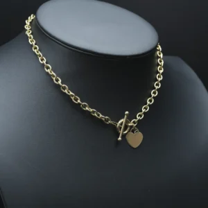 9ct Yellow Gold Belcher Chain With T-Bar & Heart Pendant 16.5″ 6mm