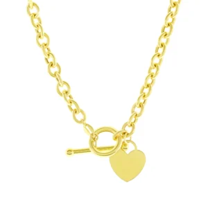 9ct Yellow Gold Belcher Chain With T-Bar & Heart Pendant 17″ 6mm