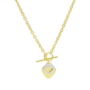 9ct Yellow Gold Belcher Chain With T-Bar & Yellow & White Gold Gemstone Heart Pendant 17″ 3.5mm
