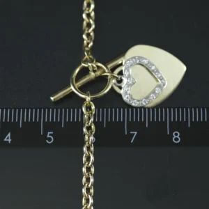 9ct Yellow Gold Belcher Chain With T-Bar & Yellow & White Gold Gemstone Heart Pendant 17″ 3.5mm