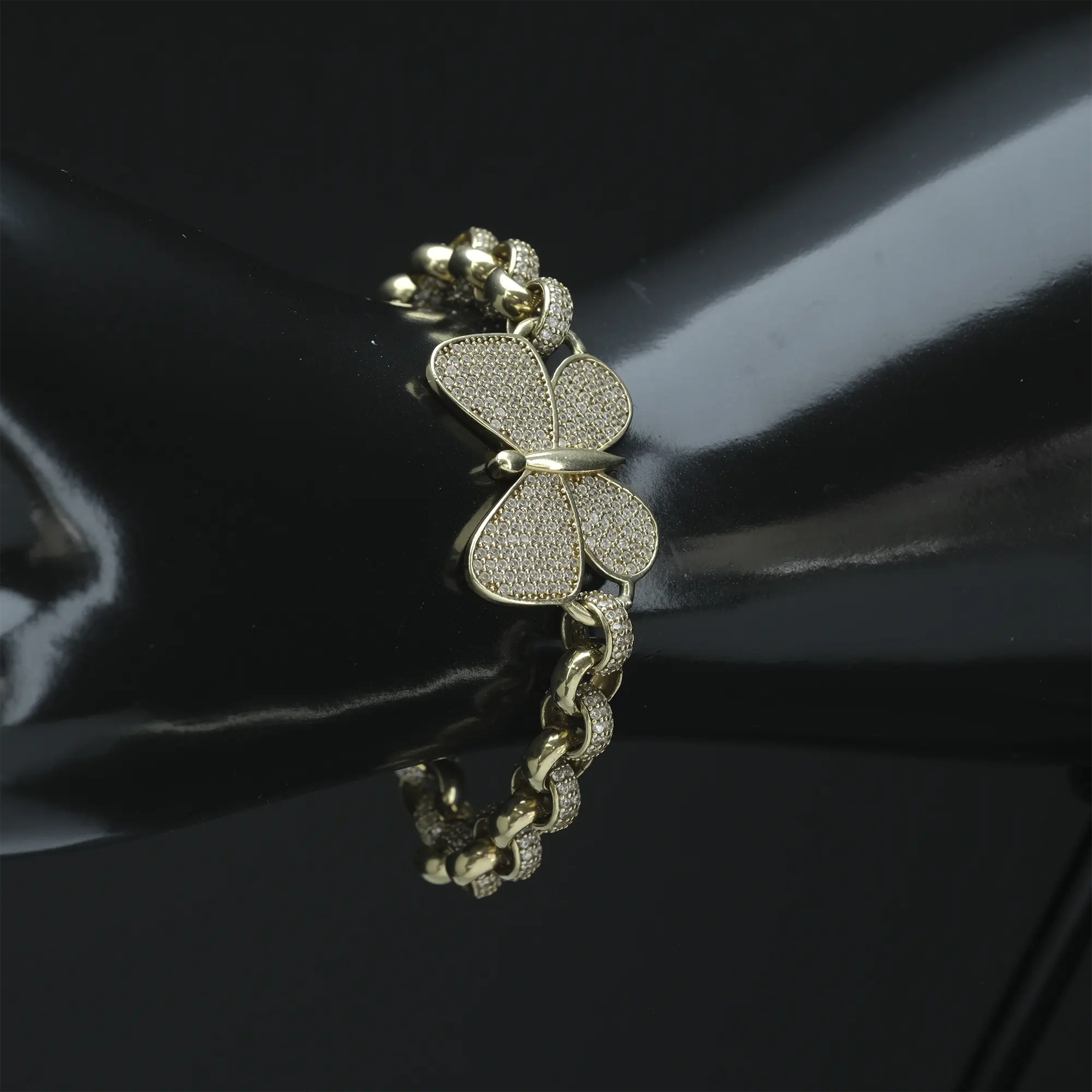 9ct Yellow Gold Gemstone Butterfly Belcher Bracelet 6.5" 7.5mm - Image 2