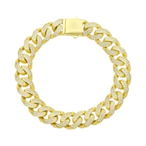 9ct Yellow Gold Gemstone Cuban Bracelet 9″ 12mm