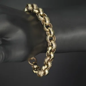 9ct Yellow Gold Patterned Belcher Bracelet 9″ 12mm