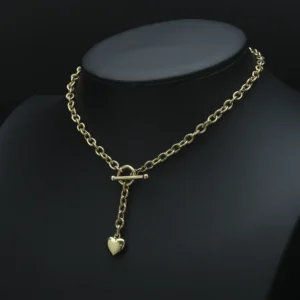 9ct Yellow Gold Belcher Chain With T Bar And Heart 17″ 6mm