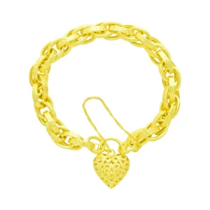 9ct Yellow Gold Patterned Fancy Belcher Bracelet & Hearts Locket 7″ 9mm