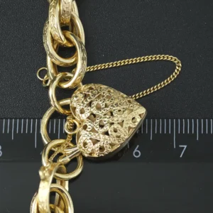 9ct Yellow Gold Patterned Fancy Belcher Bracelet & Hearts Locket 7″ 9mm
