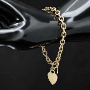 9ct Yellow Gold Belcher Bracelet With T-Bar & Heart Pendant 8″ 6.5mm