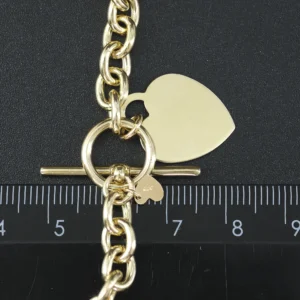 9ct Yellow Gold Belcher Bracelet With T-Bar & Heart Pendant 8″ 6.5mm