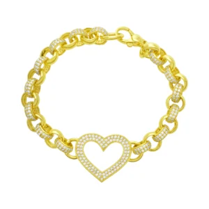 9ct Yellow Gold Gemstone Belcher Bracelet & Gemstone Heart 7″ 8mm