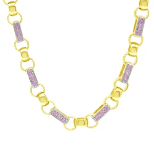9ct Yellow Gold Pink Gemstone Gypsy Link Chain 24.5″ 8.5mm