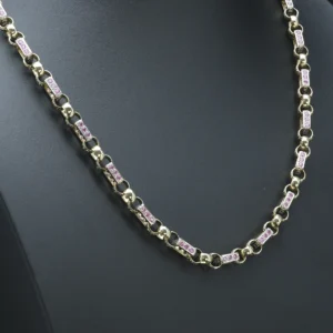 9ct Yellow Gold Pink Gemstone Gypsy Link Chain 24.5″ 8.5mm