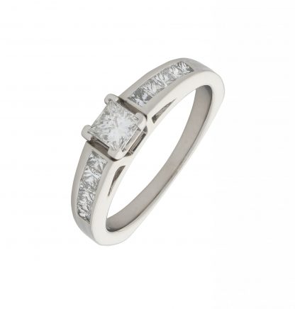 18ct White Gold 0.64ct Princess Cut Diamond & Diamond Shoulders Ring