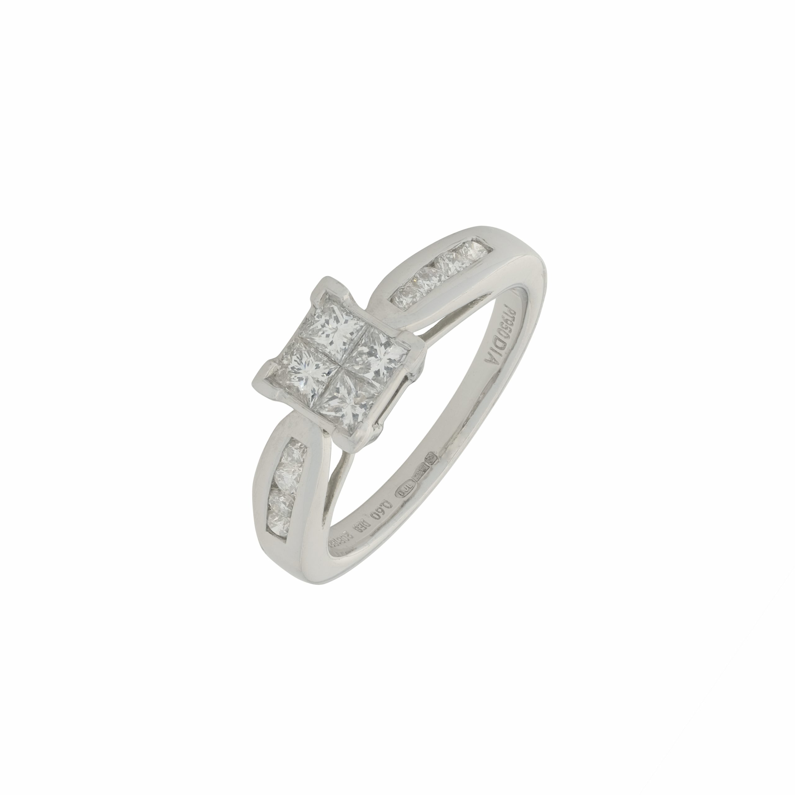 Platinum 0.60ct four stone princess cut diamond ring & diamond shoulders
