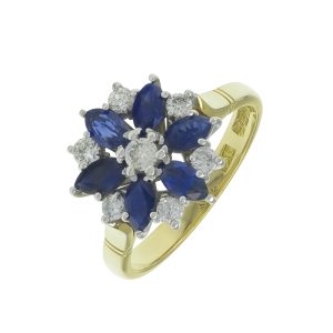 Vintage 1978 18ct Yellow Gold 1.50ct Sapphire &#038; 0.46ct Diamond Cluster Ring