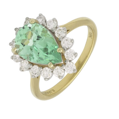18ct Yellow Gold 0.62ct Diamond And Emerald Pear Halo Ring