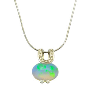 18ct White Gold 0.22ct Diamond &#038; Opal Necklace 20&#8221;