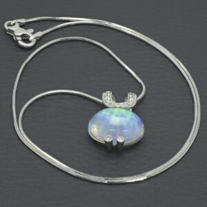 18ct White Gold 0.22ct Diamond & Opal Necklace 20”