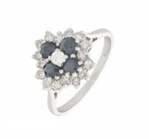 18ct White Gold Four Sapphire &#038; Diamond Cluster Ring